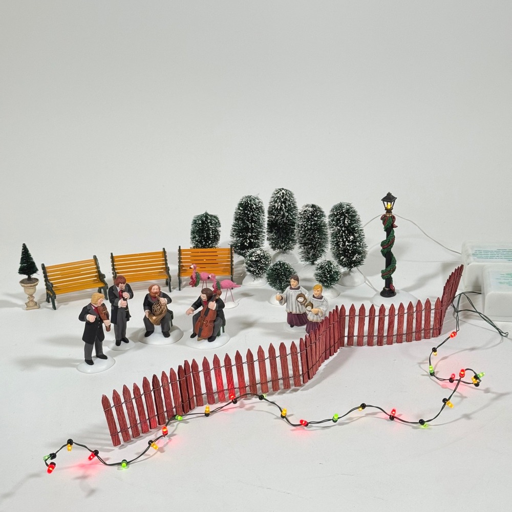 Christmas Village Accessory Lot Orchestra Figures Trees Benches Fence Lights